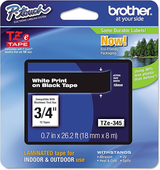 Brother TZE345 TZe Standard Adhesive Laminated Labeling Tape, 3/4-Inch w, White on Black