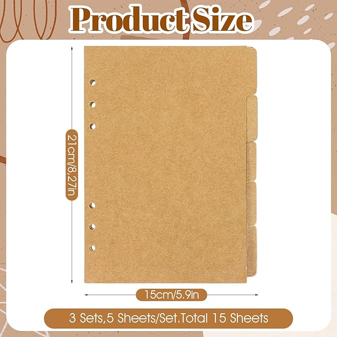 3 Sets A5 Paper Divider, 6 Hole Ring Binder Dividers, Notebook Index Page Tab Cards, for Travel Diary Binder Notebooks Journal Plan