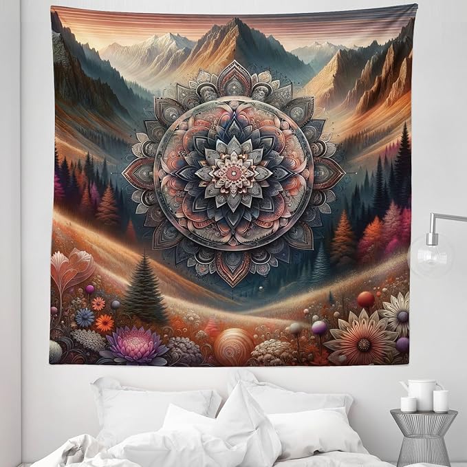 Ambesonne Hippie Tapestry Queen Size, Modern Scandi Blooming Trippy Flower with Mountain Landscape Woodland, Wall Hanging Bedspread Bed Cover Wall Decor, 88" X 88", Pale Vermilion Cadet Blue