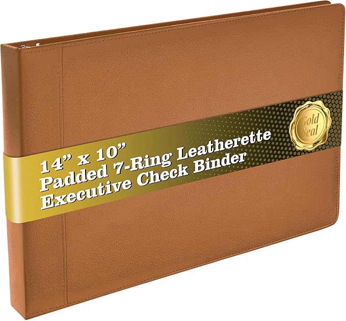GOLD SEAL 7 Ring Executive Check Binder with Zipper Pouch, Padded Textured Premium Leatherette Cover, for 9" x 13" 3 Per Page Business Checks, 600 Check Capacity Checkbook Holder (Tan)