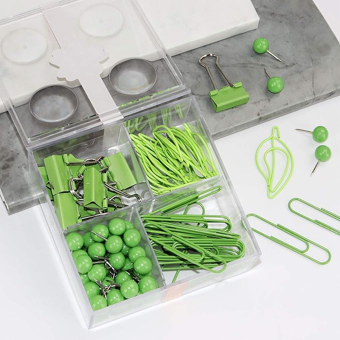Cute Thumb Tacks Paper Clip Binder Clips Push Pins Set Assorted Size Metal Clips in Plastic Holder Decorative Desk Accessorries (Green)