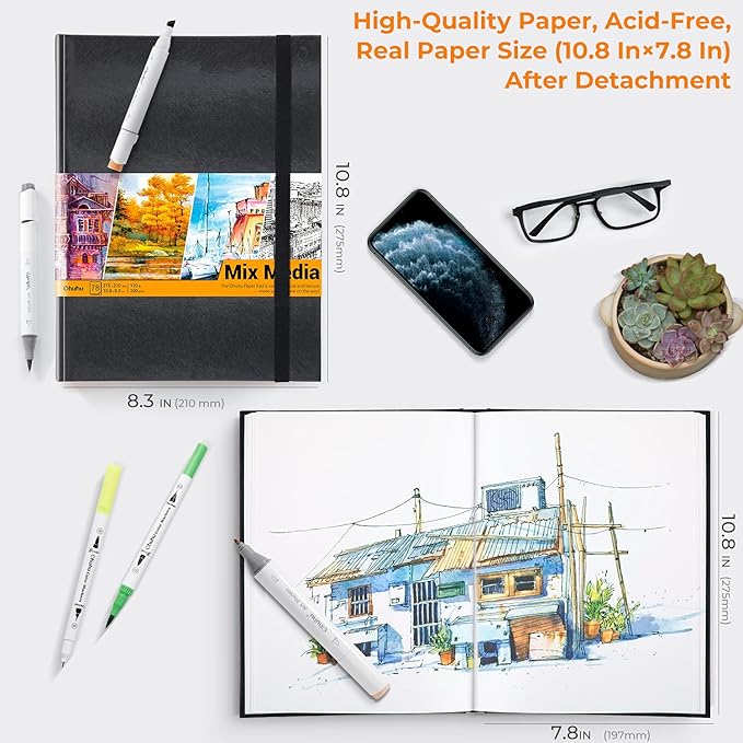 Ohuhu Mix Media Pad - 10.8"x8.3" Mixed Media Art Sketchbook, 120 lb/200 gsm Heavyweight Papers, 78 Sheets/156 Pages, PU Hardcover Mixed Media Paper Pad for Acrylic Painting Christmas Gift