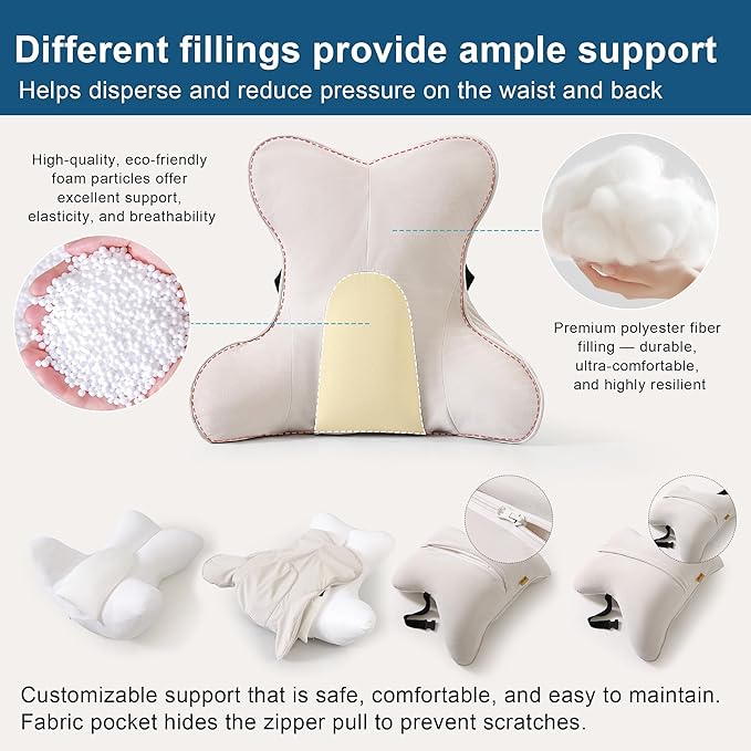 Lumbar Support Pillow(Pat. Pend) – Multi-Functional Ergonomic Back Cushion for Sofa Chair, Car Seat & Sofa, Reading Pillow with Firm Multi-Zone Support to Relieve Lower Back Pain, Misty White