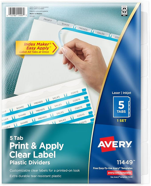 Avery 5 Tab Plastic Dividers for 3 Ring Binder, Easy Print & Apply Clear Label Strip, Index Maker Customizable Frosted White Tabs, 1 Set (11449)