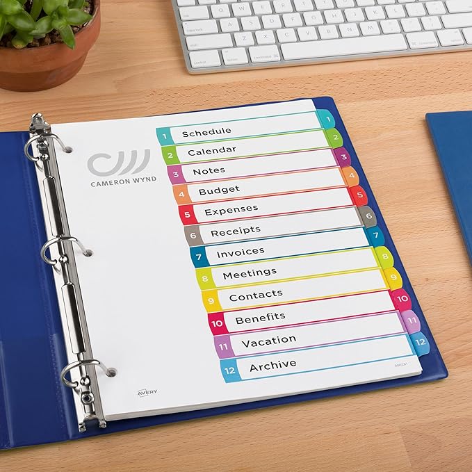 Avery Dividers for 3 Ring Binders, 12 Tabs per Set, Customizable Table of Contents, Multicolor Arched Tabs, Great for Organizing Reports, Projects, and More (11843)