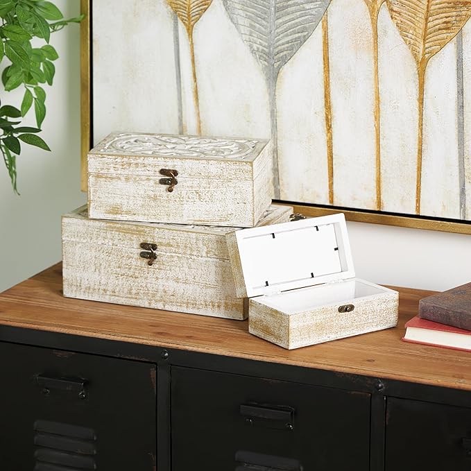 Deco 79 Mango Wood Floral Handmade Decorative Box Decorative Keepsake Boxes with Hinged Lid, Set of 3 Storage Boxes 8", 10", 12"W, White