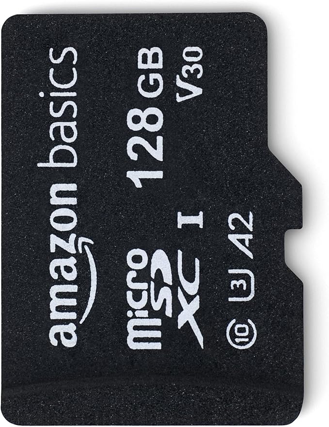 Amazon Basics Micro SDXC Memory Card with Full Size Adapter, A2, U3, Class 10, Read Speed up to 100 MB/s, 128 GB, Black