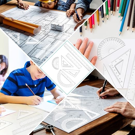 6PCS Small Clear Ruler 1 Set Plastic Geometry Set Includes 12 Inch 6 Inch Student Transparent Straight Rulers, 6" 4" Math Protractor, 30/60 and 45/90 Triangle Kids Ruler for School Office Supplies