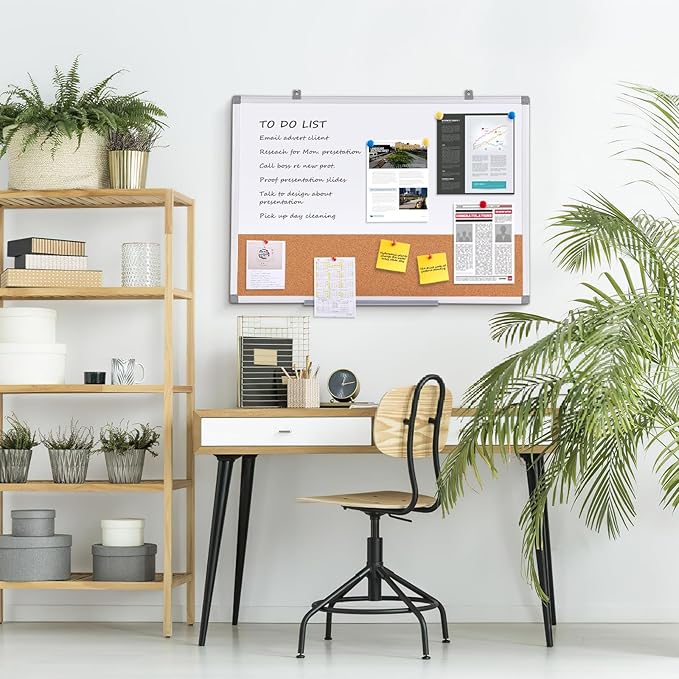 S SWANCROWN Dry Erase Board Cork Board Combo, Magnetic White Board and Bulletin Pin Board Combination,Hanging Wall Mounted Vision Board for Home, School, Office,Silver Frame,24"x18"