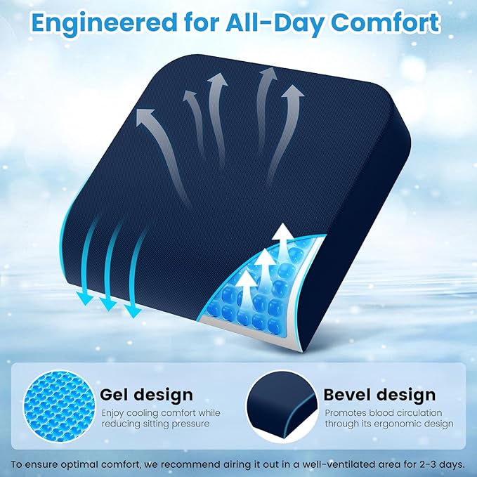 Wheelchair Seat Cushion - Cooling Gel & Memory Foam Office Chair Cushion with Non-Slip Bottom & Washable Cover, Ergonomic Car Seat Pillow for Sciatica, Tailbone, Back Comfort (Navy Blue)