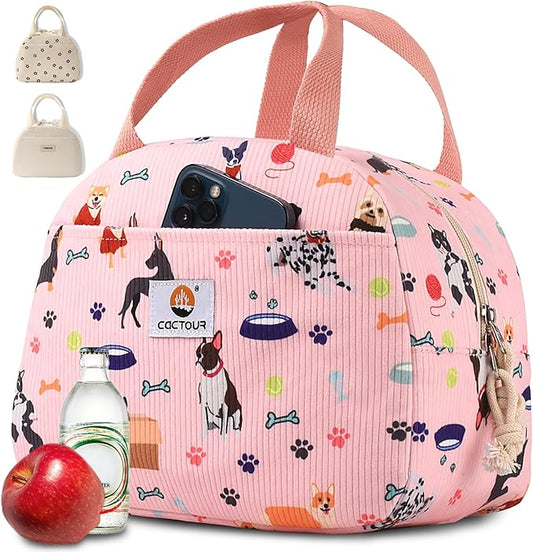CaCTPUR Lunch Box for Women Girls Teens,Cute Lunch Box Cooler Bag, Portable Insulated Small Lunch Bag Women Reusable Corduroy Lunch Tote for Work/Travel/Picnic/School (Dog Pink,Small)