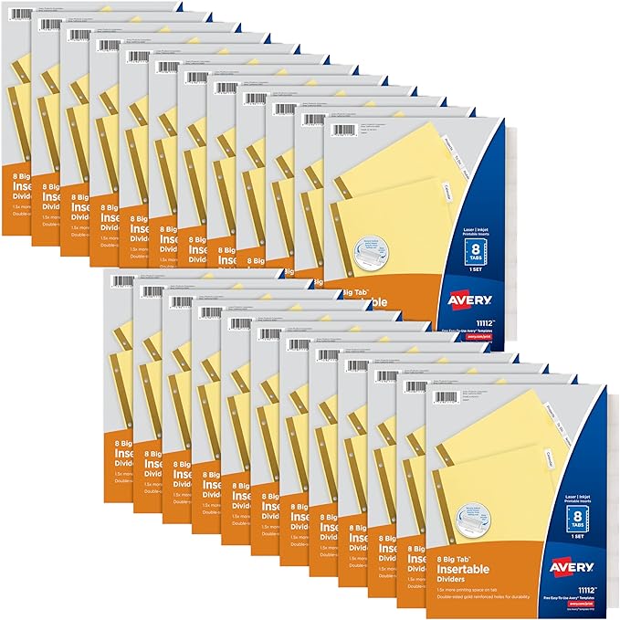 Avery Big Tab Insertable Dividers for 3 Ring Binders, 8-Tab Set, Buff Paper, Clear Tabs, Binder Divider Value Pack of 11112, 24 Sets Total (11115)