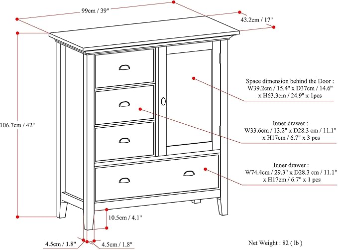 SIMPLIHOME Redmond Storage Cabinet - 39 inch Wide Solid Wood Medium Storage Cabinet in Farmhouse Grey, Transitional Accent Cabinet for Entryway or Living Room with 4 Drawers and Cabinet Storage
