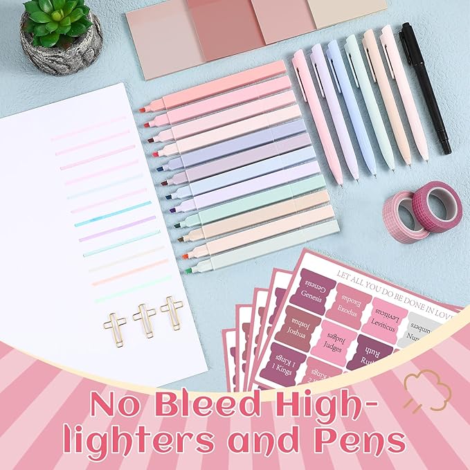 137 Pcs Bible Study Supplies Journaling Kit 1 Pencil Case 12 Highlighters 4 Sticky Notes 6 Gel Pens 35 Paper Clips 3 Tapes 1 Markers 75 Tabs for Christmas Bible School Gifts(Pink)