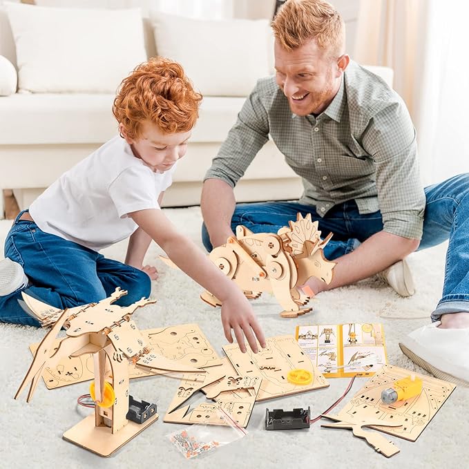 Dinosaur STEM Kits for Kids Ages 8-10-12, 4 in 1 Wood Building Toys for Boys Age 8-12, Build It Yourself Woodworking Kit, DIY 3D Wooden Puzzles Model Science Crafts for Kids, Stem Projects
