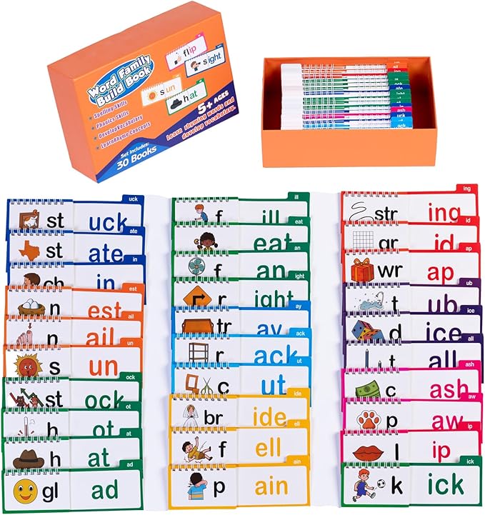 30 Word Family Build Book & Read and Rhyme Flip Book - Phonics & Sight Words Flash Cards for Preschool/Kindergarten, Fun Learning Tools for Classroom Homeschool to Master Early Reading