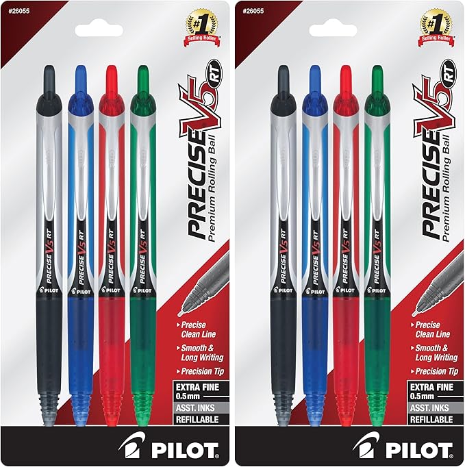 PILOT Precise V5 RT Refillable & Retractable Rolling Ball Pens,Extra Fine Point Pens,0.5 mm,Black/Blue/Red/Green,- Ideal for School,Journaling & Office Writing,4 Count (Pack of 2)