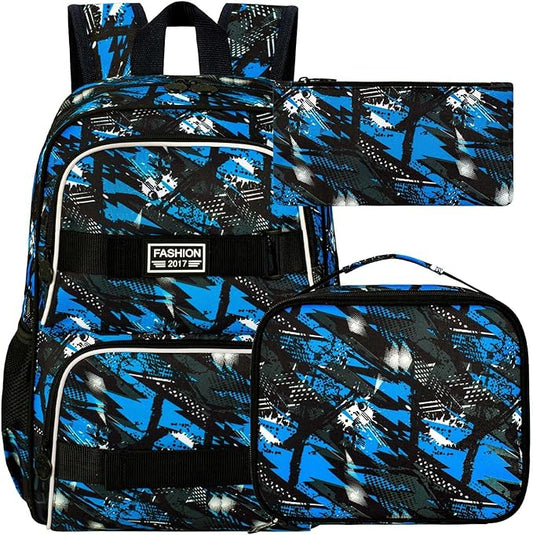 3PCS Boys Backpack, 17" Water Resistant School Bag with Lunch Box, Cute School Bag Set for College Teenagers High Middle Elementary - Graffiti Blue