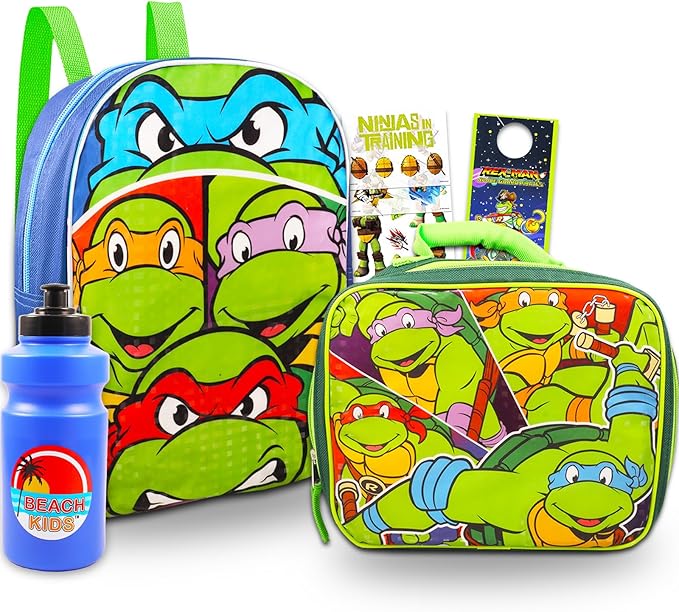 Teenage Mutant Ninja Turtles Mini Backpack with Lunch Box Set - Bundle with 11” TMNT Backpack, Lunch Bag, Stickers, More | TMNT Bag for Toddler Boys