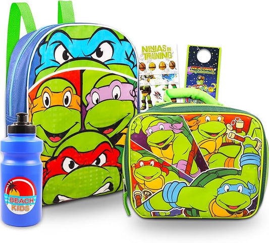Teenage Mutant Ninja Turtles Mini Backpack with Lunch Box Set - Bundle with 11” TMNT Backpack, Lunch Bag, Stickers, More | TMNT Bag for Toddler Boys