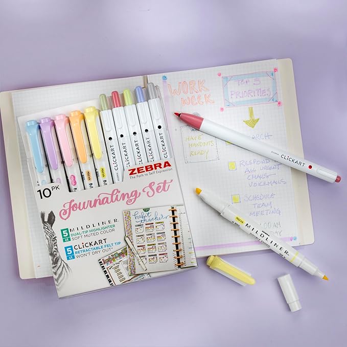 Zebra Pen - Creative 10-Pack Journaling Set - No Bleed Highlighters & CLiCKART Pens - Assorted Colors for Note-Taking, Bible Study, Bullet Journaling and Creative Planning (14010)