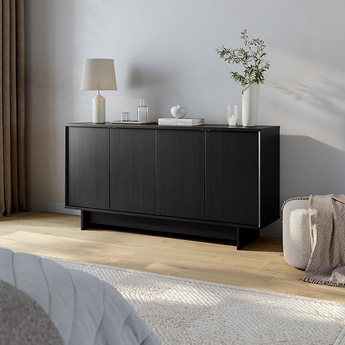 Prepac Finnley 61.5" Wide Sideboard Cabinet, Wood Entryway Sideboard with 2 Adjustable Shelves, Dining Room Buffet with 4 Doors, Living Room Accent Cabinet for Storage and Decorations, Black Oak
