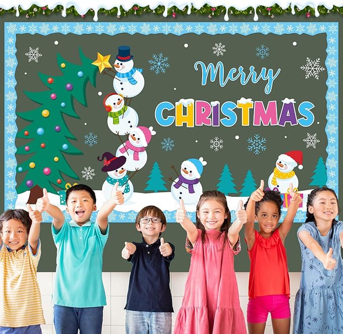 Winter Bulletin Board Decorations Merry Christmas Classroom Bulletin Board Set Snowman Tree Snowflakes Paper Cutouts for Winter Christmas Classroom Holiday School Office Home Wall Party Decor Supplies