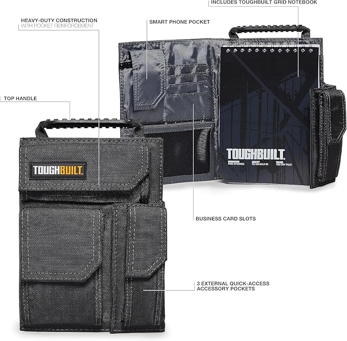 ToughBuilt - Tool Belt Pouch, Organizer with Multi-Purpose Storage, Accessory Organization & Notebook Holder