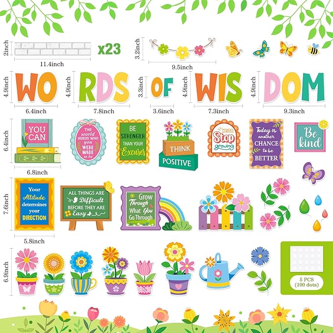 57 Pcs Spring Floral Bulletin Board Set Inspirational Flower Bulletin Board Decoration Positive Cutout Classroom Decoration for School Office Home Teacher Classroom Wall Supplies