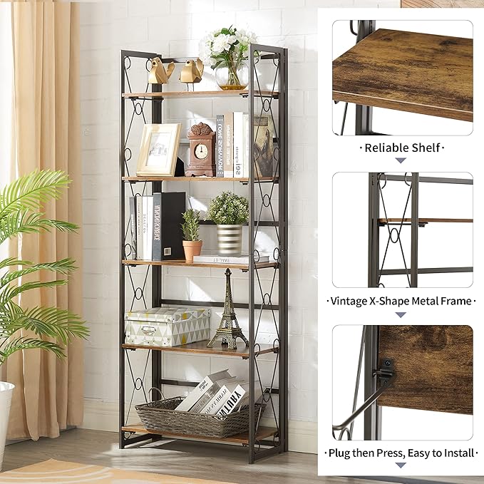 VECELO Folding Bookshelf, 5-Tier Foldable Bookcase Easy Assembly, Industrial Tall Book Shelf Storage Organizer for Living Room/Home Office