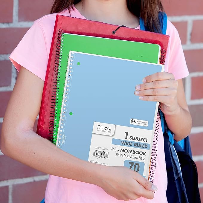 Mead Spiral Notebook,1 Subject,Wide Ruled Paper,7-1/2" x 10-1/2",70 Sheets per Notebook,Assorted Pastel Colors (930050-ECM),(Pack of 24)