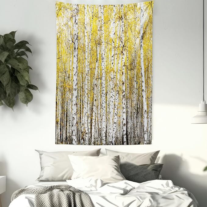 Ambesonne Forest Tapestry Twin Size, Autumn Birch Forest Golden Yellow Leaves Woodland October Seasonal Nature Picture, Wall Hanging Bedspread Bed Cover Wall Decor, 68" X 88", Yellow Grey