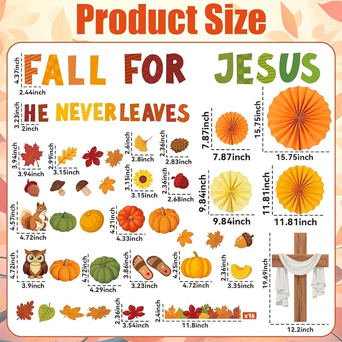 Fall Christian Bulletin Board Decorations Set Fall for Jesus He Never Leaves Paper Cutouts for Classroom Autumn Sunday School Church Cross Cutout for Religious School Office Wall Decor