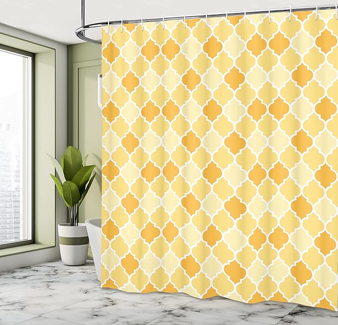 Ambesonne Quatrefoil Shower Curtain, Age-Old Trellis Pattern in The Shades of Yellow Historical Eastern, Cloth Fabric Bathroom Decor Set with Hooks, 69" W x 75" L, Marigold Mustard