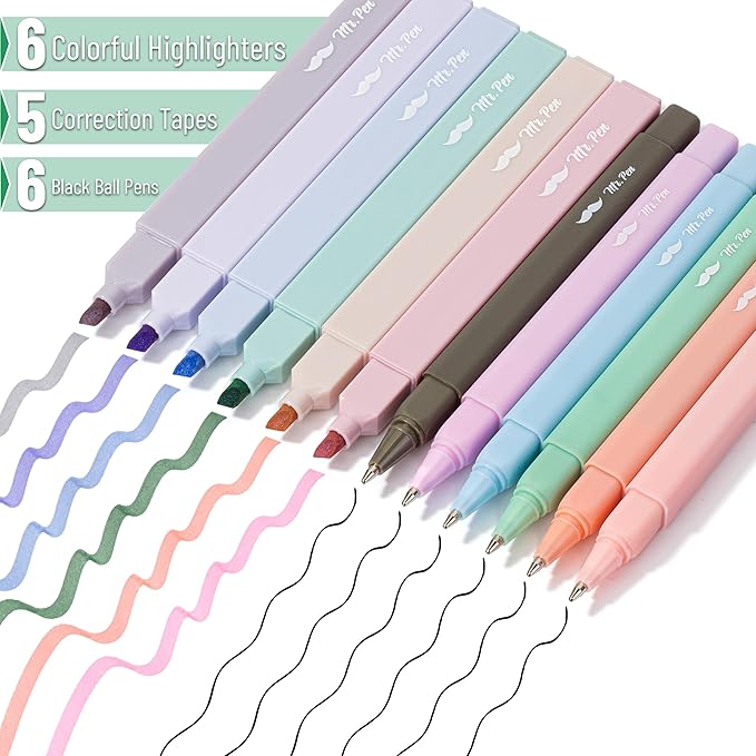 Mr. Pen- Aesthetic Highlighters and Pens, 17 Pack, Aesthetic Correction Tapes, Cute Highlighters Assorted Colors, Black Ink Bible Pens 1.0mm