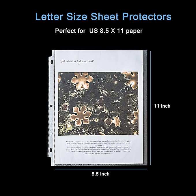 Seashell 200PCS Heavy Duty Non-Glare Sheet Protectors, Letter Size Page Protectors Reinforced 3-Hole, Plastic Sleeves for 3 Ring Binder, Top Loading for 8.5 x 11 Inch Sheets