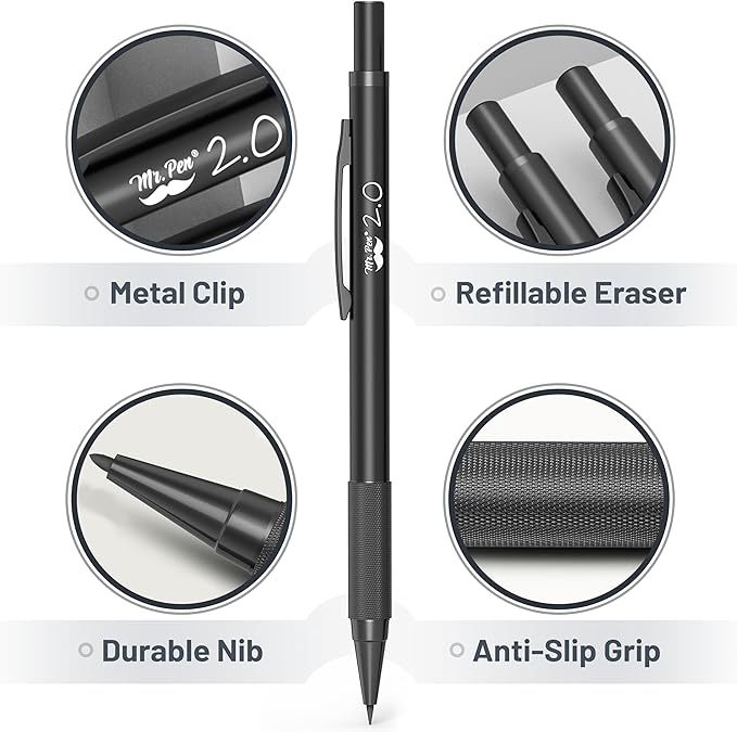 Mr. Pen- Metal Mechanical Pencil Set with Lead and Eraser Refills, 5 Sizes, Black, 0.3, 0.5, 0.7, 0.9, 2mm, Drawing Mechanical Pencils, Mechanical Pencil Metal, Drawing Pencils Mechanical (Pack of 2)