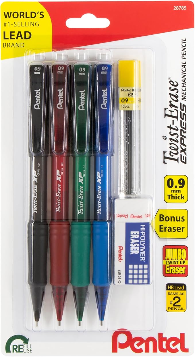 Pentel Twist-Erase EXPRESS Mechanical Pencils, (0.9mm), Assorted Barrel Colors, Pack of 4 Pencils, Lead + Small Block Eraser