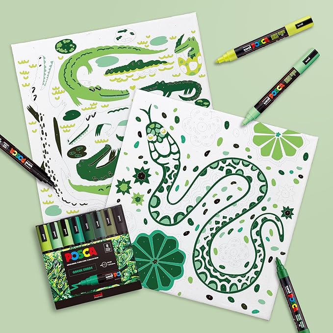 POSCA Canvas Paint by Number Kit, Swamp & Slither - 8 Markers with 2 Pre-Drawn Canvases - For All Artists and Holiday Gifting