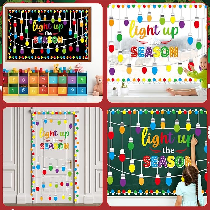 Christmas Bulletin Board Decorations Light Up The Season Classroom Paper Cutouts Christmas Light Bulb Inspirational Decor for Holiday Sunday School Classroom Chalkboard Wall Decor Teacher Supplies