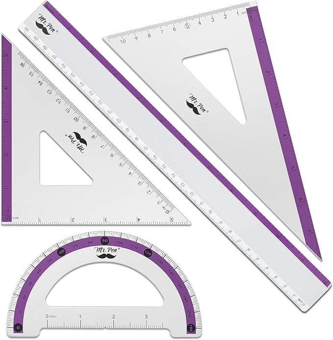 Mr. Pen- Geometry Set, Purple Stripes, 4 Pack, Metal Geometry Kit, Triangle Ruler, Metal Ruler, Drafting Triangles, Metal Protractor, Metal Set Square, Drafting Ruler, Drafting Set
