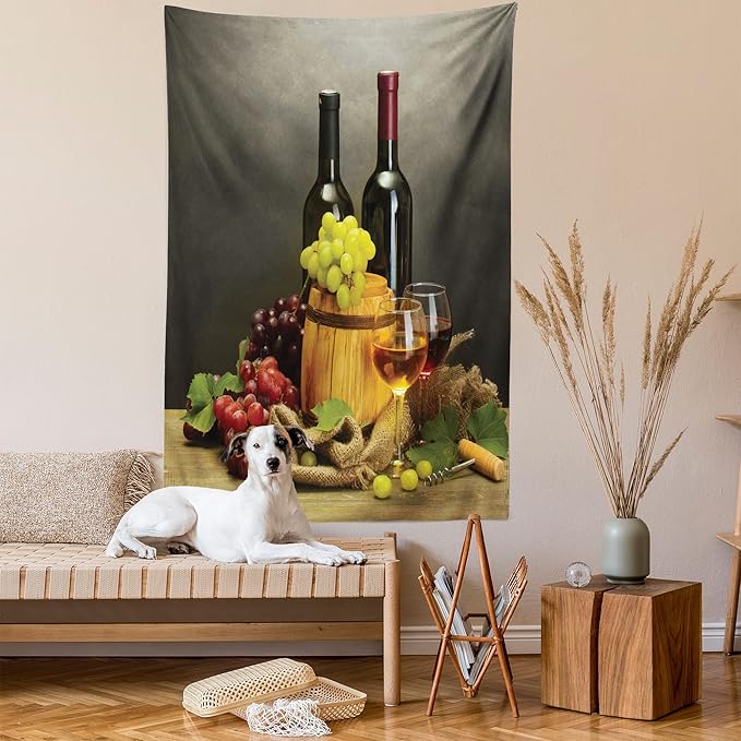 Ambesonne Winery Tapestry Queen Size, Cask Bottles and Glasses of Wine and Ripe Grapes on Wooden Table Picture Print, Wall Hanging Bedspread Bed Cover Wall Decor, 88" X 88", Grey Taupe
