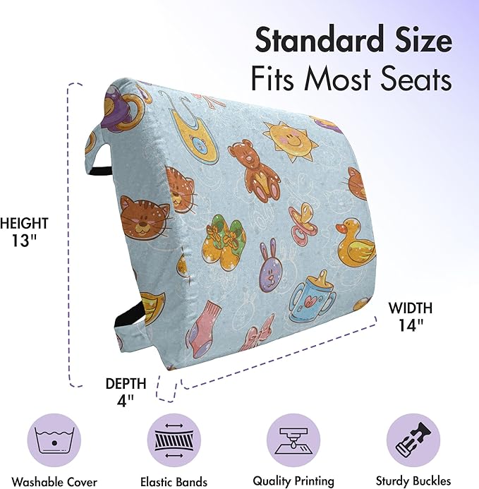 Ambesonne Cartoon Lumbar Back Support Pillow, Sun Teddy Bear Ribbon Feeder Pacifier Chick Kitty Cat Design, High Density Foam for Office Chairs Car Seats, 14" x 13", Pale Blue Cinnamon