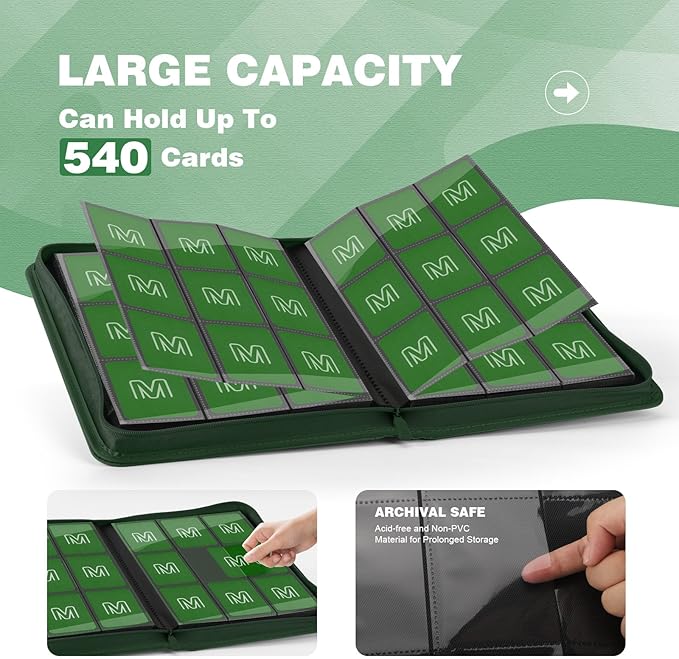 Trading Card Binder with 9 Side Loading Pocket Card Album Hold Up to 540 Cards PU Card Collection Binder, Collectible Albums Card Folder for MTG, TCG, Sports Cards（9-Dark green）