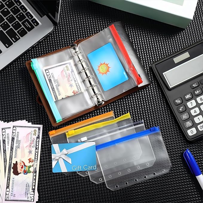 40 Pieces Binder Pockets 6 Hole Zipper Pouch 6 Ring A7 Pockets with Zipper Binder Folders Plastic Pouches Loose Leaf Bags Waterproof PVC Document Filing Bag