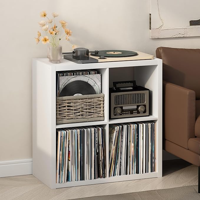 Furinno Cubicle Record Player Stand with Vinyl Storage, 4-Cube 1.2 Extra Thick Vinyl Record Storage, Open Back Media Shelf for CD DVD Blueray Game Disc, for Living Room, Home Office, White