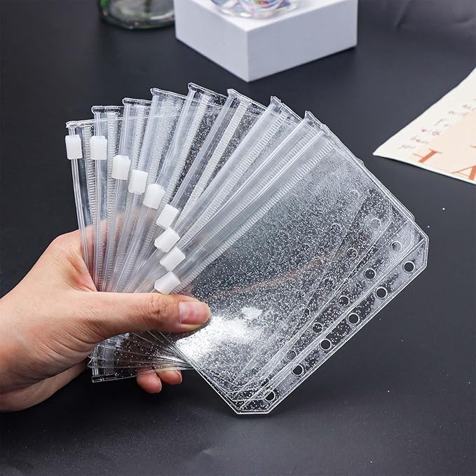 10pcs A7 Cash Stuffing Envelopes Zipper Binder Pockets Clear Glitter PVC 6 Hole Zip Sleeves Loose Leaf Pouches for 6 Ring Binder Planner (A7 3.35" x 5.12")