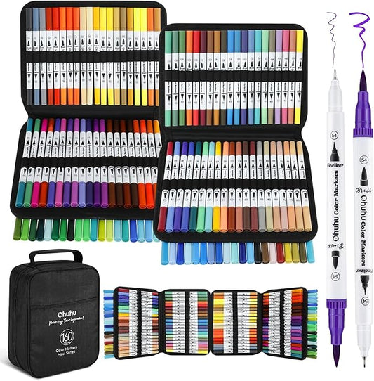 Ohuhu Markers for Adult Coloring Books No Bleeding 160 Colors Water-based Dual Tips Fineliner & Brush Coloring Markers for Kids Adults Beginners Drawing Pens for Journaling Lettering - Maui - White