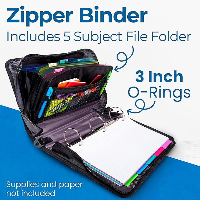 Case-it The Mighty Zip Tab Zipper Binder - 3 Inch O-Rings - 5 Color Tab Expanding File Folder - Multiple Pockets - 600 Sheet Capacity - Comes with Shoulder Strap - Jet Black D-156-N