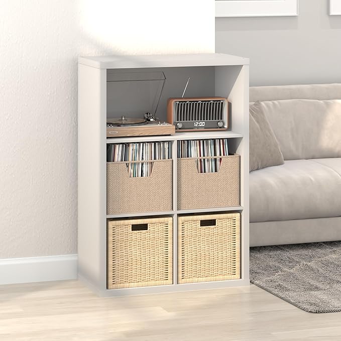 Furinno Cubicle Record Player Stand with Vinyl Storage, 5-Cube 1.2 Extra Thick Vinyl Record Storage, Open Back Media Shelf for CD DVD Blueray Game Disc, for Living Room, Home Office, White